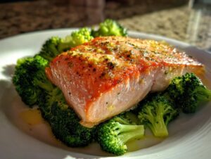 Nahaufnahme von saftigem Lachs mit Brokkoli, gewürzt mit Kräutern, das Gericht Lachs mit Brokkoli.