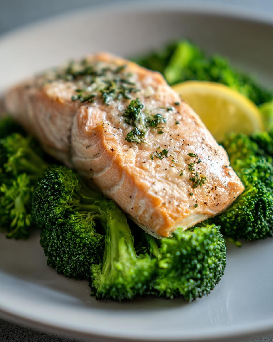 Gegrilltes Lachsfilet mit frischem Brokkoli und einer Zitronenspalte – gesundes Lachs mit Brokkoli.
