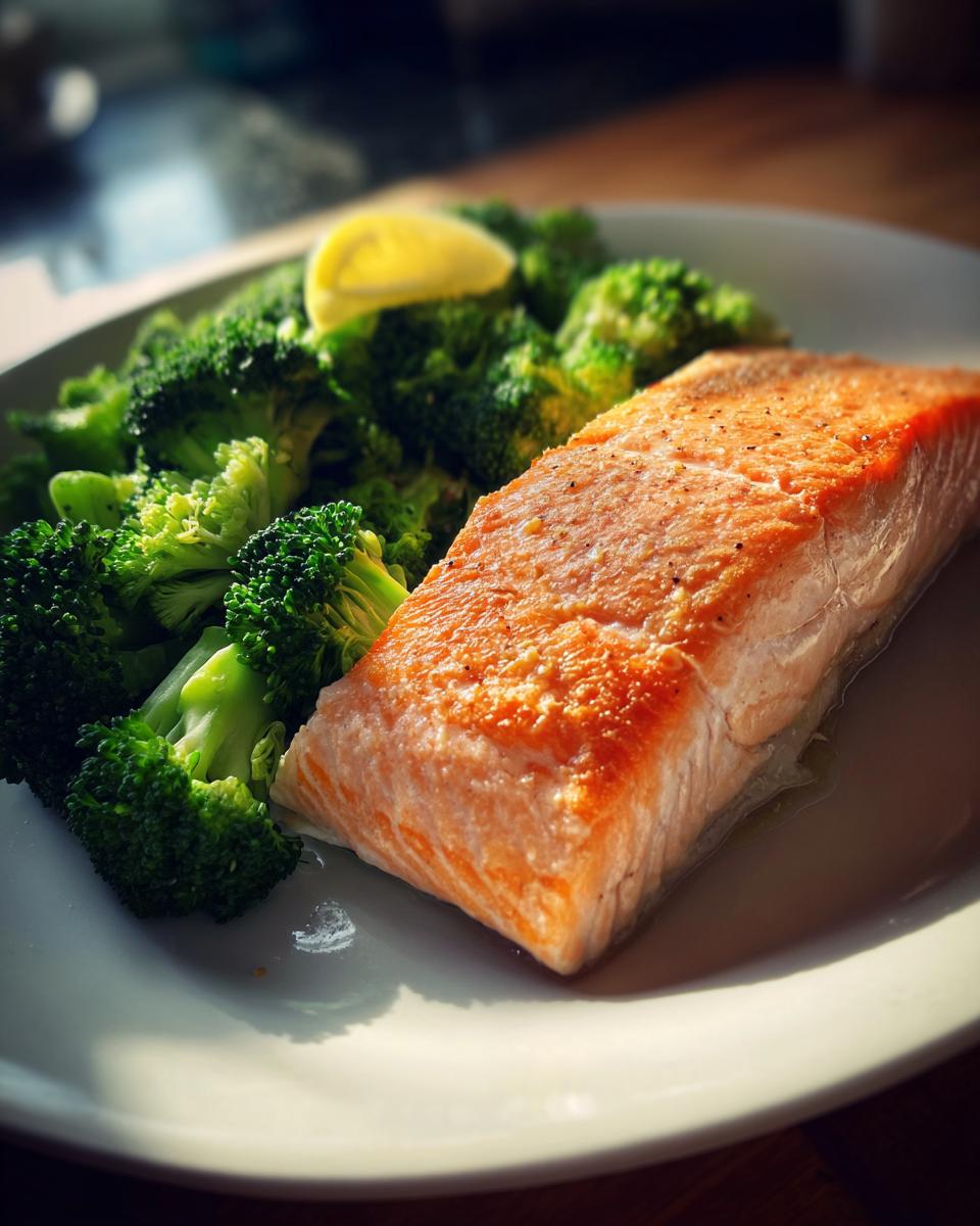 Gebratenes Lachsfilet mit dampfendem Brokkoli und einer Zitronenspalte als Beilage: Lachs mit Brokkoli.