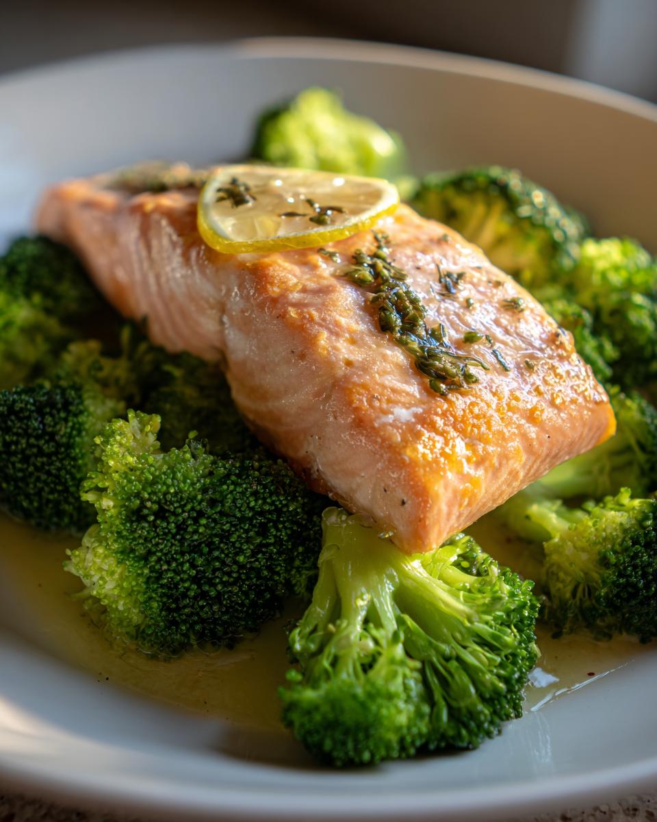 Nahaufnahme von saftigem Lachs mit Brokkoli, garniert mit einer Zitronenscheibe.