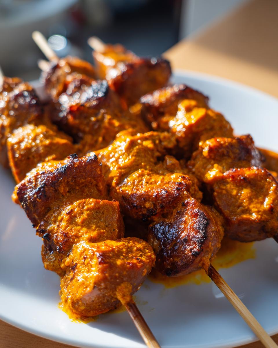 Nahaufnahme von gegrillten Currywurst-Spieße, üppig bedeckt mit einer leuchtend orangefarbenen Currysoße auf einem weißen Teller.