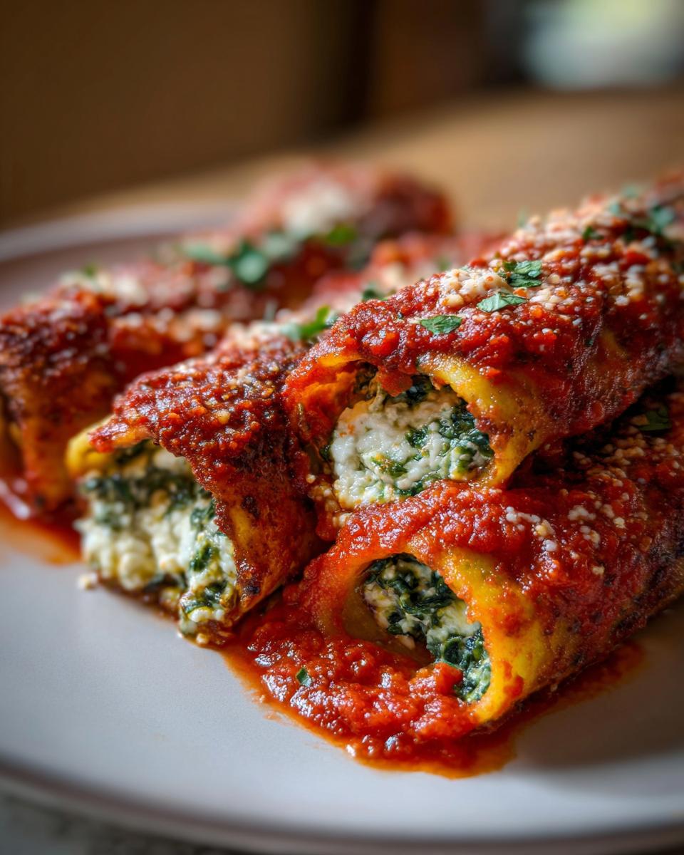 Nahaufnahme von saftigen Mangold-Cannelloni, gefüllt mit Ricotta und Mangold, bedeckt mit Tomatensauce und Parmesan.