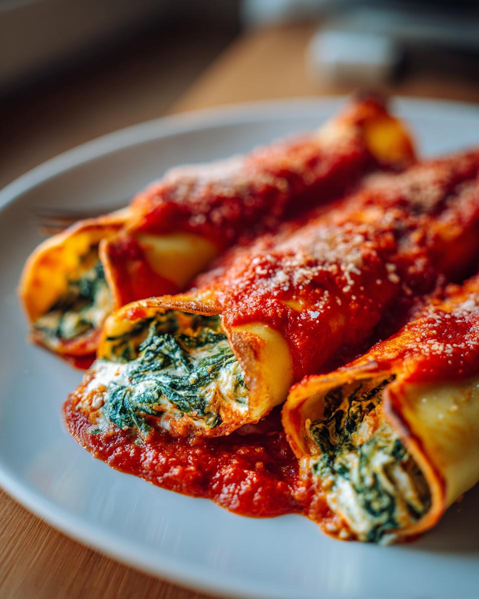 Nahaufnahme von drei Mangold-Cannelloni, gefüllt mit Spinat und Käse, übergossen mit Tomatensoße und Parmesan.