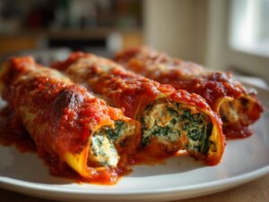 Nahaufnahme von gebackenen Mangold-Cannelloni, gefüllt mit Ricotta und Mangold, bedeckt mit Tomatensauce.