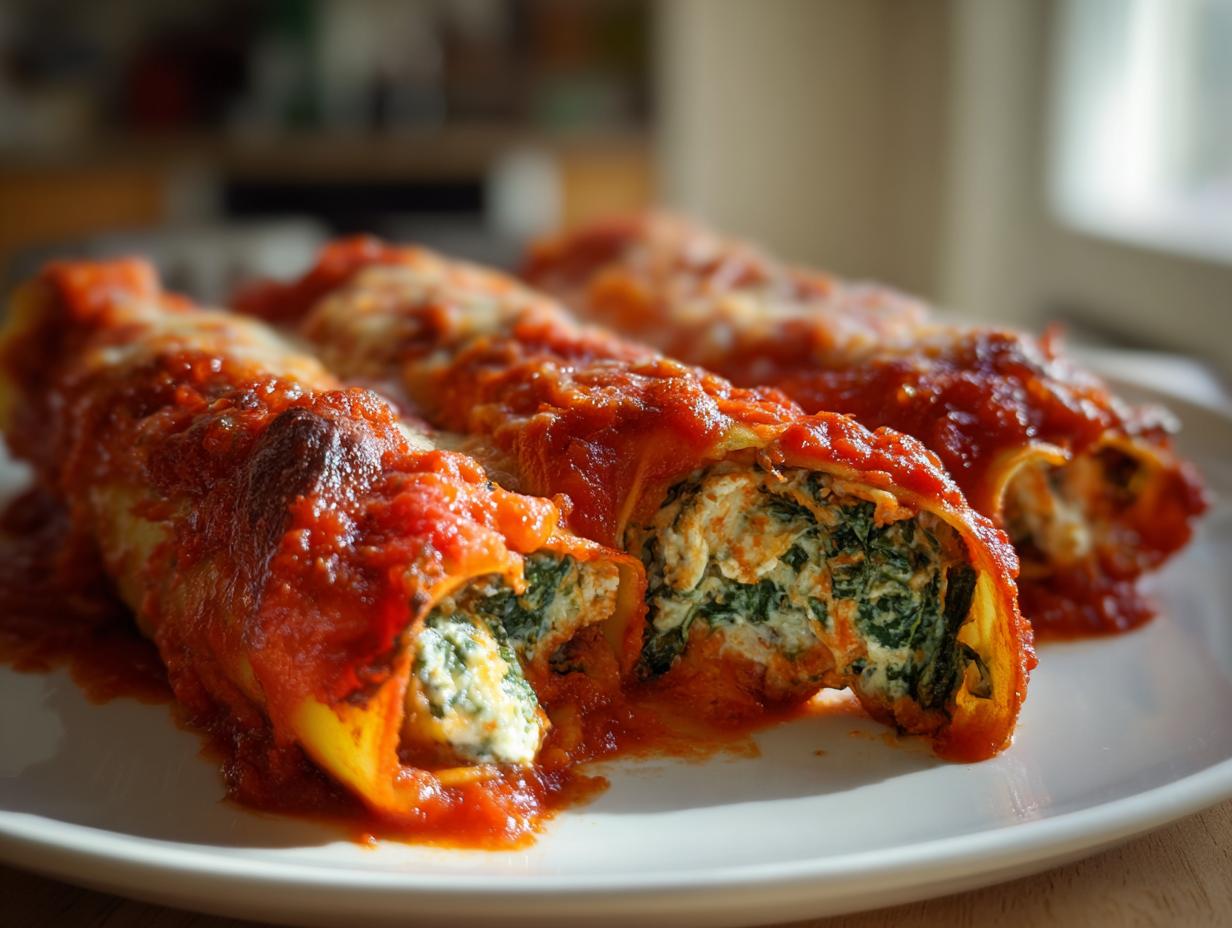 Nahaufnahme von gebackenen Mangold-Cannelloni, gefüllt mit Ricotta und Mangold, bedeckt mit Tomatensauce.