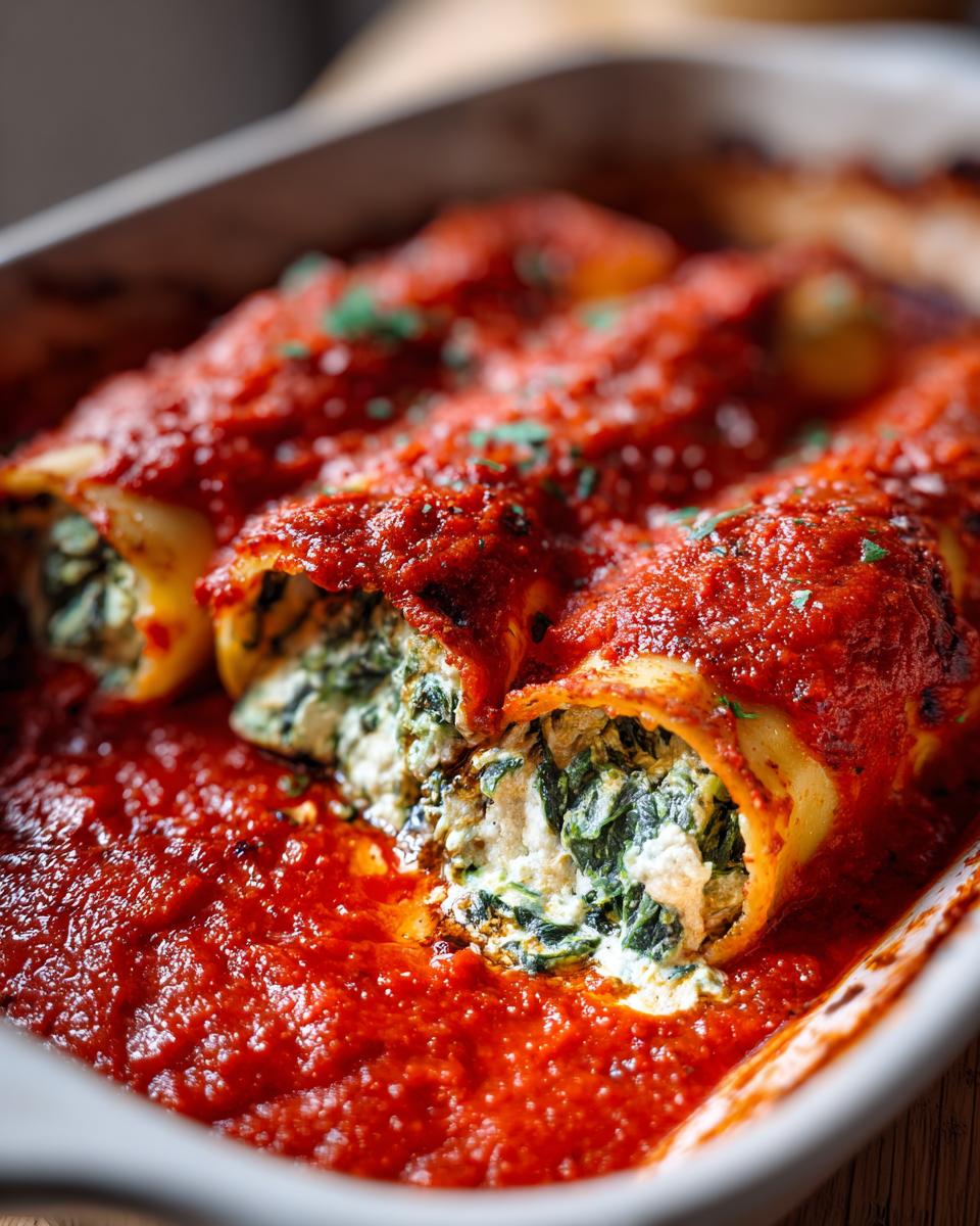 Nahaufnahme von gebackenen Mangold-Cannelloni, gefüllt mit Spinat und Ricotta, bedeckt mit leuchtend roter Tomatensauce.