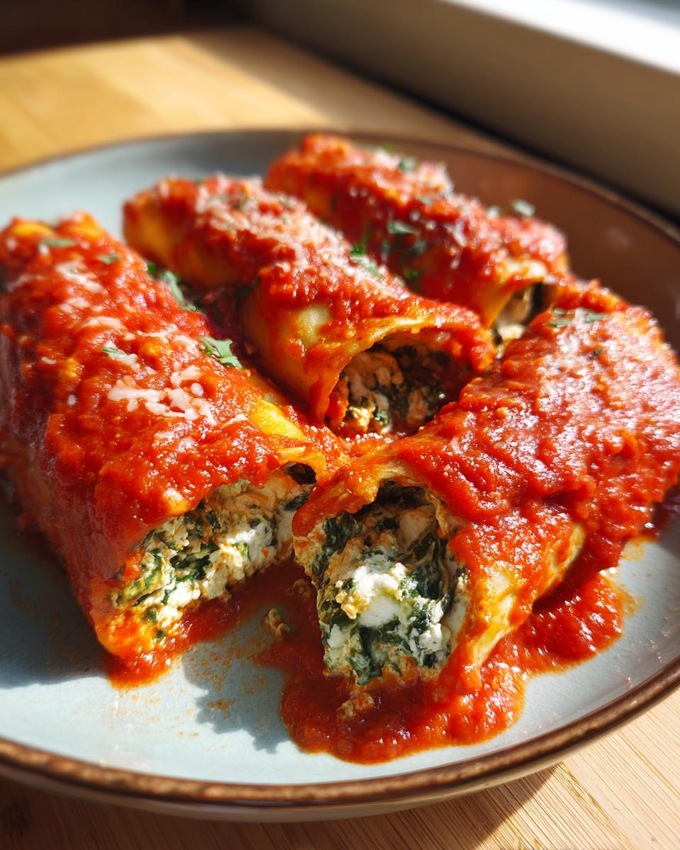 Nahaufnahme von Mangold-Cannelloni, gefüllt mit Ricotta und Mangold, übergossen mit Tomatensauce und Käse.