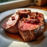 Drei Scheiben saftiges Ochsenfilet mit Rotweinschalotten auf einem weißen Teller.