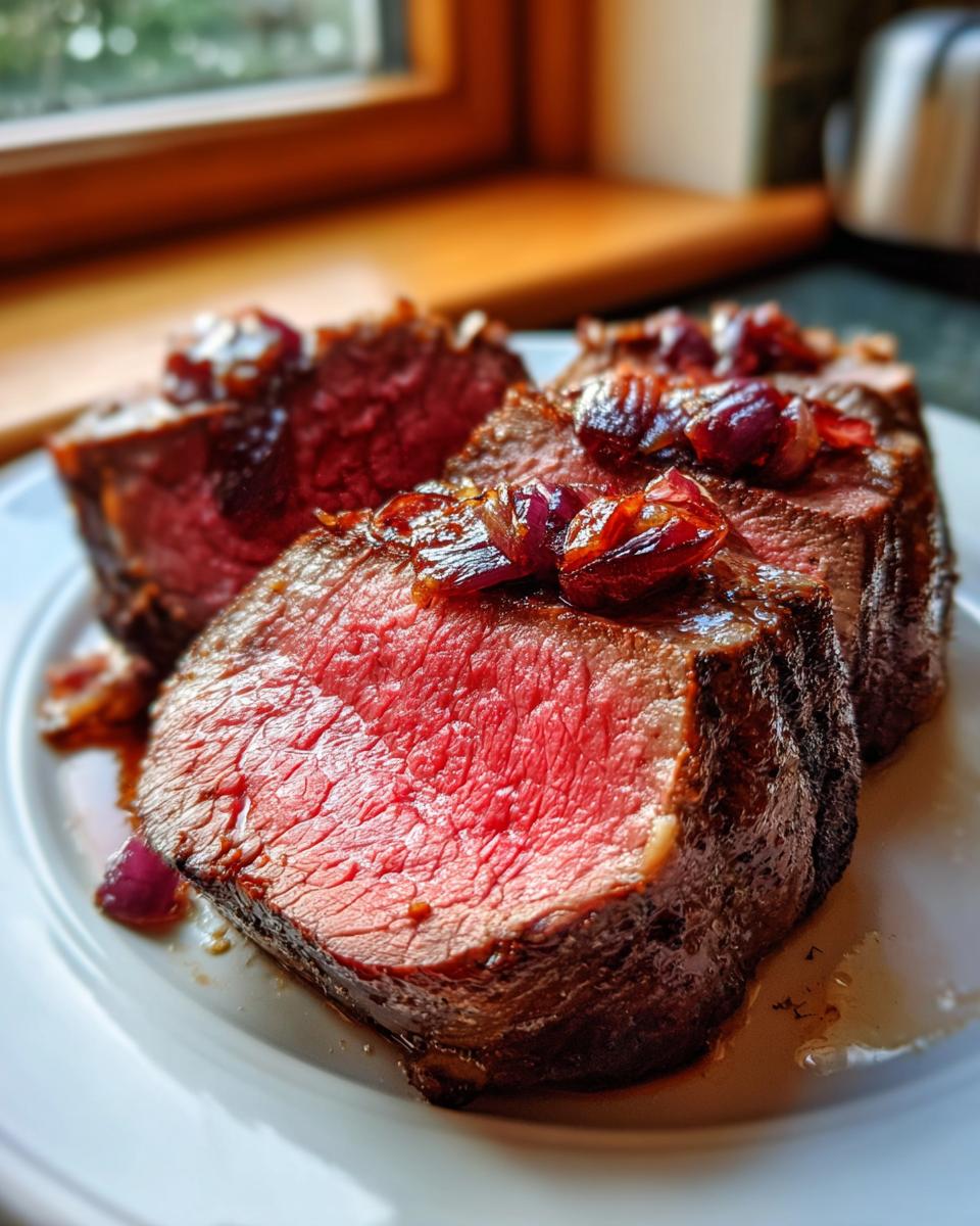 Drei Scheiben saftiges Ochsenfilet mit Rotweinschalotten auf einem weißen Teller, innen rosa.