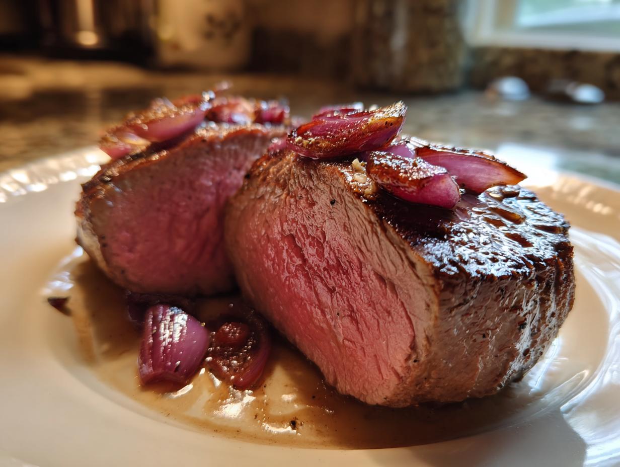 Zwei saftige Scheiben Ochsenfilet mit Rotweinschalotten, perfekt rosa gegart, auf einem Teller.