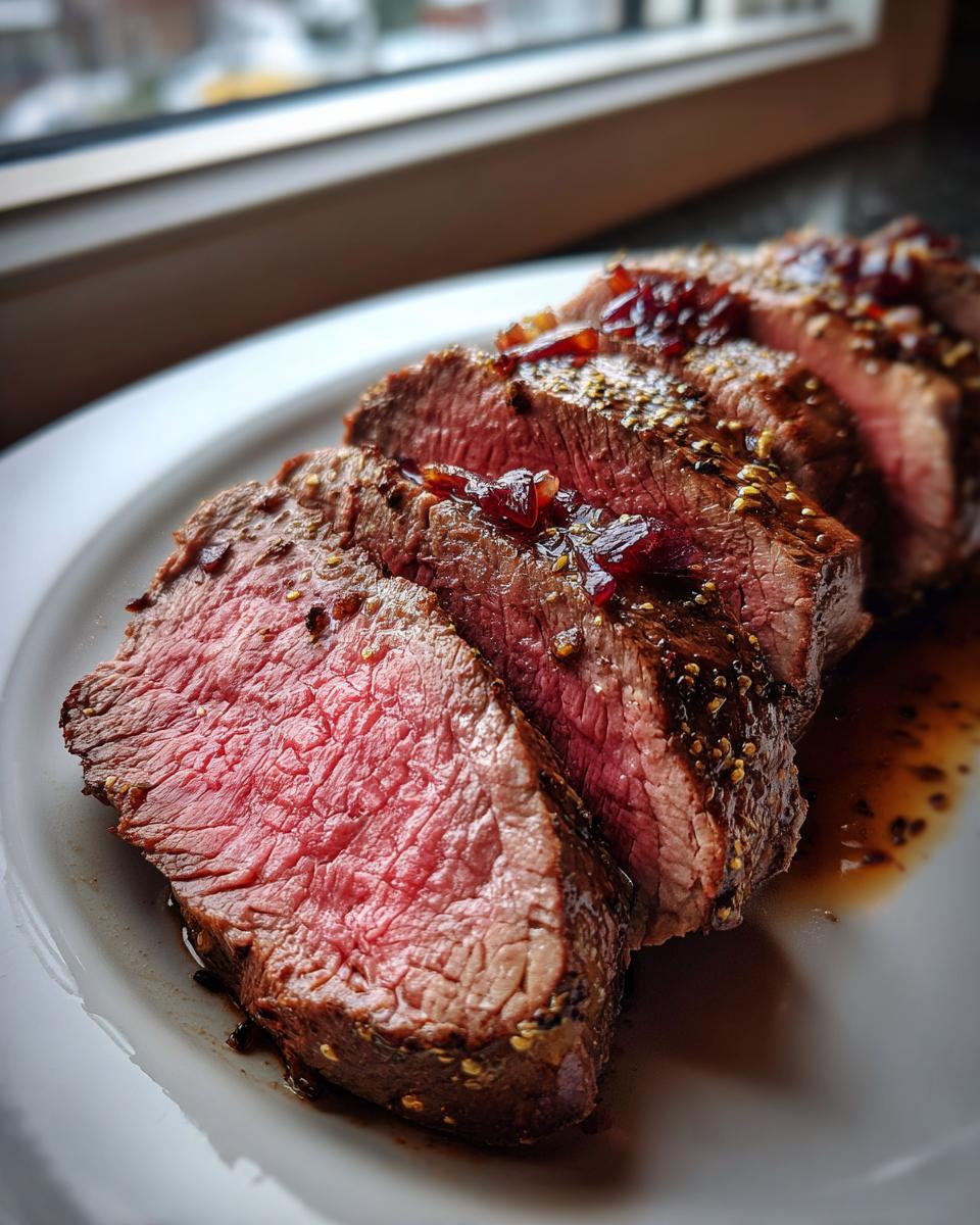 Aufgeschnittenes Ochsenfilet mit perfektem Gargrad, belegt mit Rotweinschalotten.
