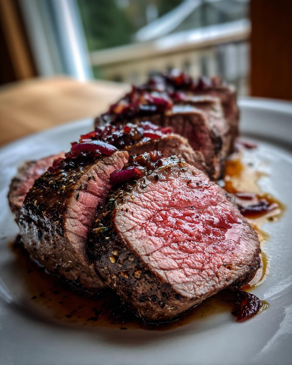 Aufgeschnittenes Ochsenfilet mit perfektem Gargrad, bedeckt mit Rotweinschalotten.