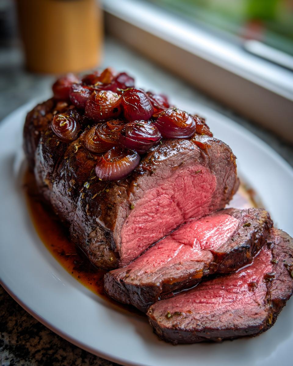 Aufgeschnittenes Ochsenfilet mit saftigem rosa Kern und karamellisierten Rotweinschalotten.