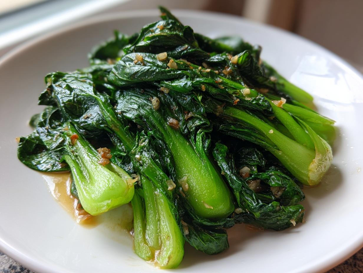 Nahaufnahme von leuchtend grünem, gebratenem Pak Choi mit Knoblauchstückchen auf einem weißen Teller.