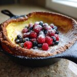 Ein aufgegangener Dutch Baby Pfannkuchen, garniert mit frischen Himbeeren, Blaubeeren und Puderzucker.