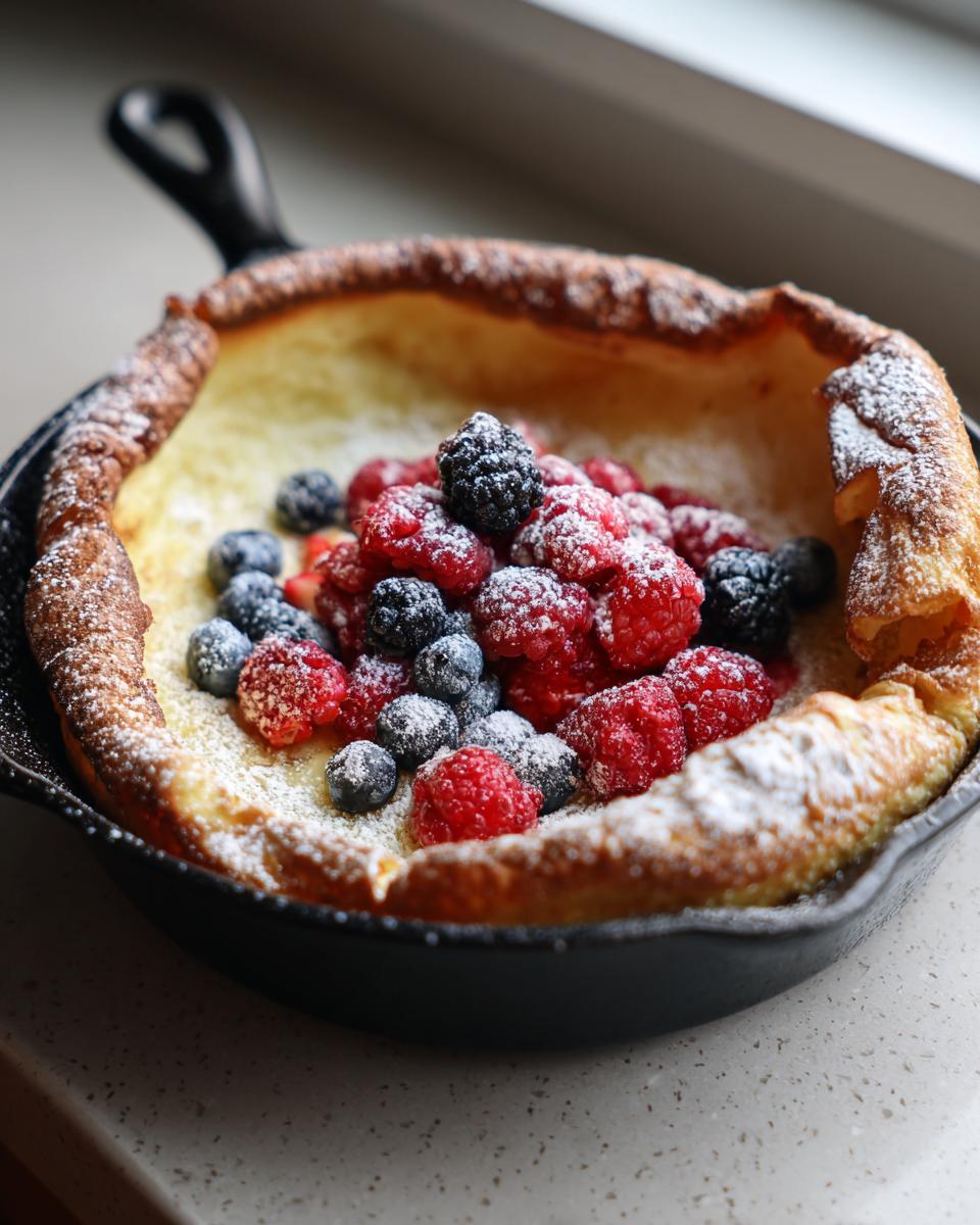 Ein aufgegangener Dutch Baby in einer gusseisernen Pfanne, garniert mit frischen Himbeeren, Blaubeeren und Puderzucker.