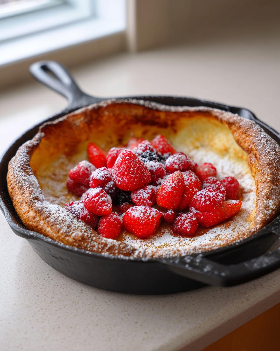 Ein goldbraun gebackener Dutch Baby in einer gusseisernen Pfanne, belegt mit frischen Beeren und Puderzucker.