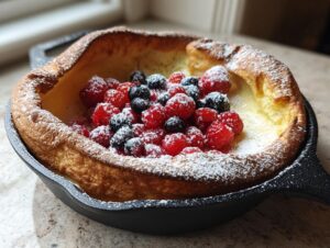 Ein goldbraun gebackener Dutch Baby in einer gusseisernen Pfanne, gefüllt mit frischen Himbeeren und Blaubeeren und bestäubt mit Puderzucker.