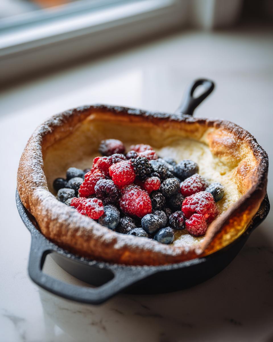 Aufgegangener Dutch Baby in einer gusseisernen Pfanne, belegt mit frischen Beeren und Puderzucker.