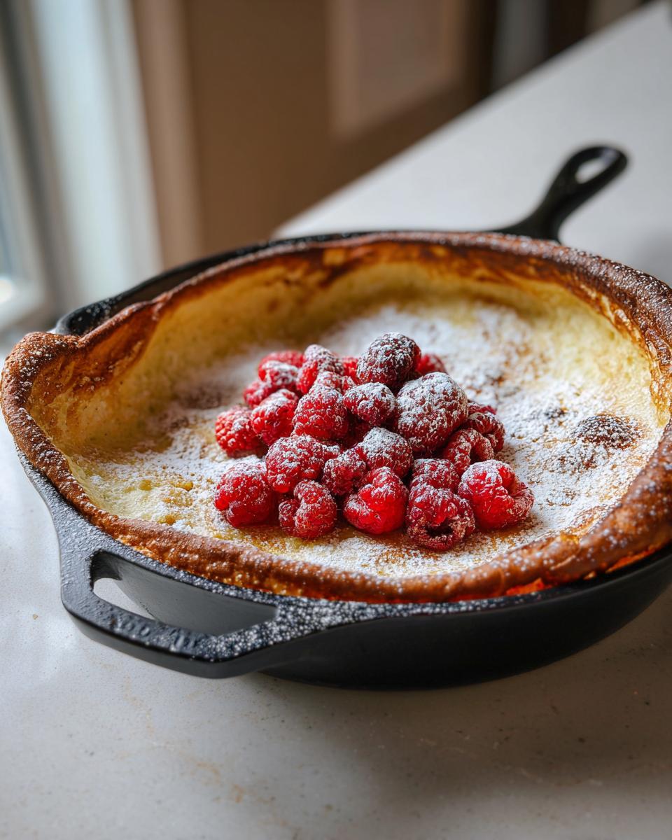 Ein aufgegangener Dutch Baby in einer gusseisernen Pfanne, garniert mit frischen Himbeeren und Puderzucker.