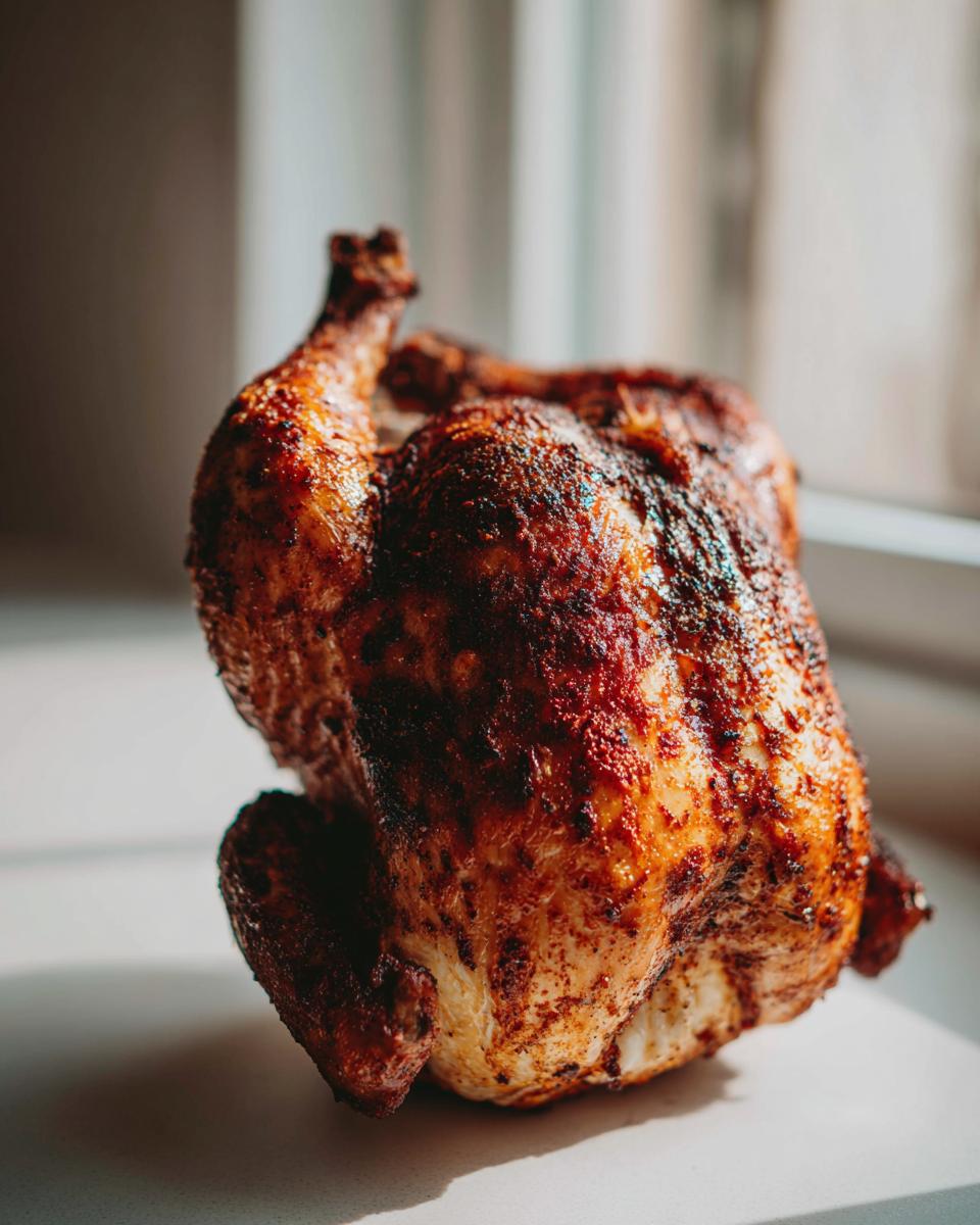 Nahaufnahme eines fertig gegrillten Bierdosenhähnchen mit dunkelbrauner, knuspriger Haut.