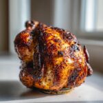 Nahaufnahme eines saftigen Bierdosenhähnchen mit dunkelbrauner, knuspriger Haut, das im Gegenlicht steht.