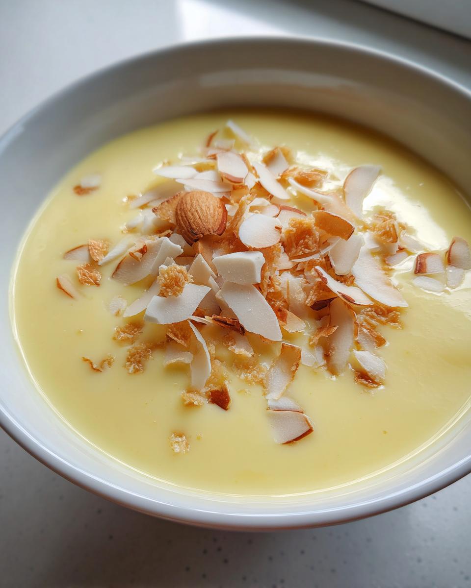 Nahaufnahme einer Schüssel mit cremiger, gelber Pfingstmilch, garniert mit Kokoschips und einer ganzen Mandel.