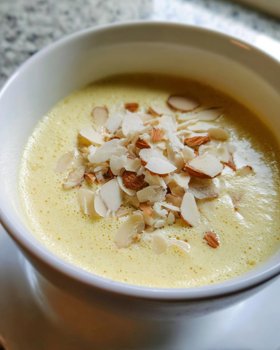 Nahaufnahme einer cremigen, gelblichen Pfingstmilch, garniert mit gerösteten Mandelblättchen.