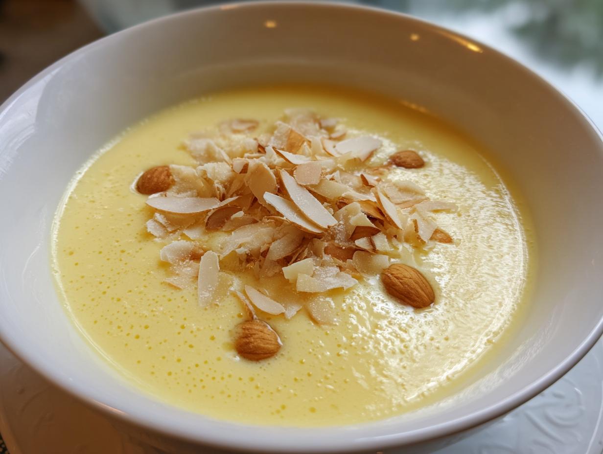 Nahaufnahme von cremiger, gelber Pfingstmilch, garniert mit gerösteten Mandelblättchen und ganzen Mandeln.