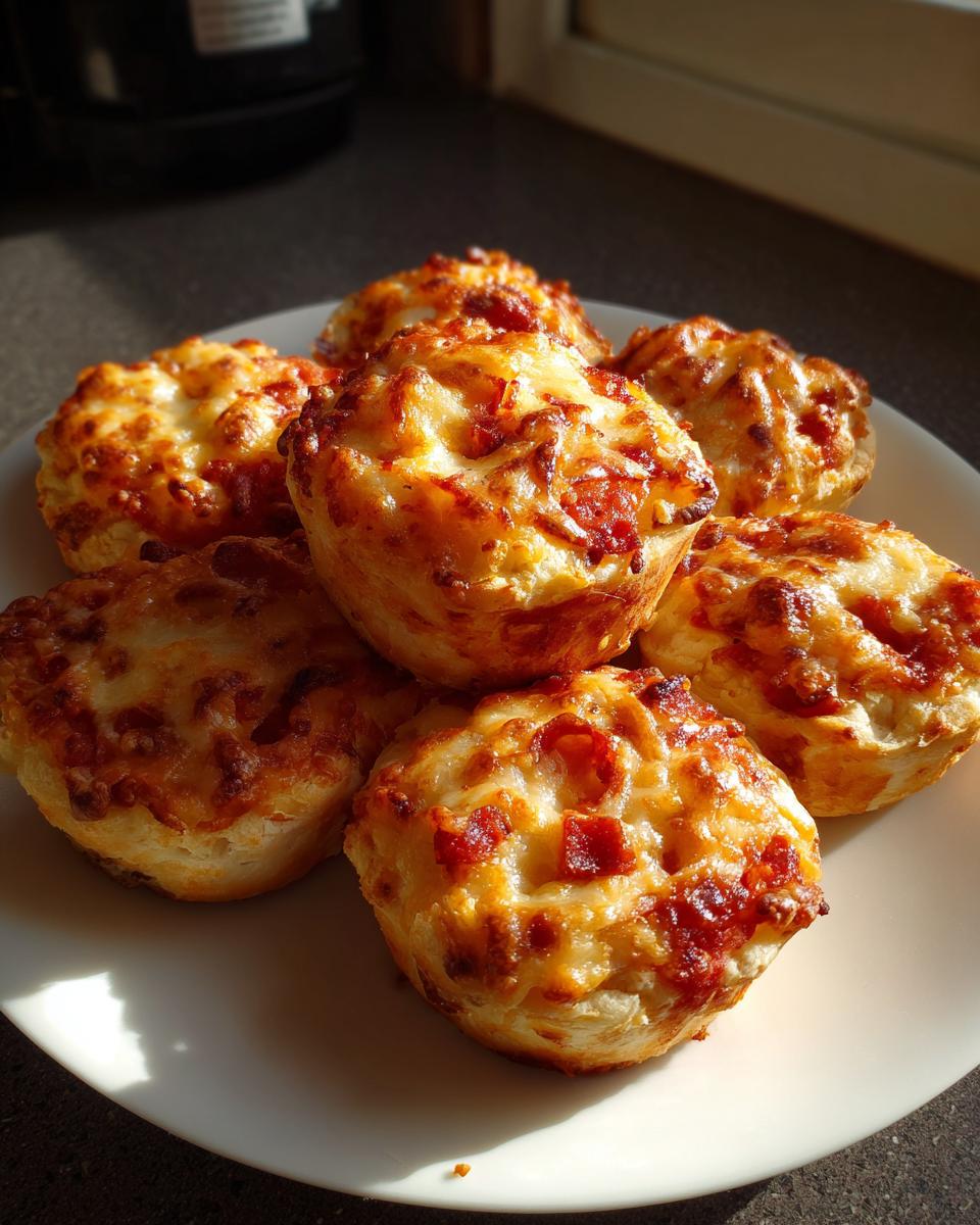 Mehrere goldbraun gebackene Pizzabrötchen mit geschmolzenem Käse und kleinen Wurststücken auf einem weißen Teller.