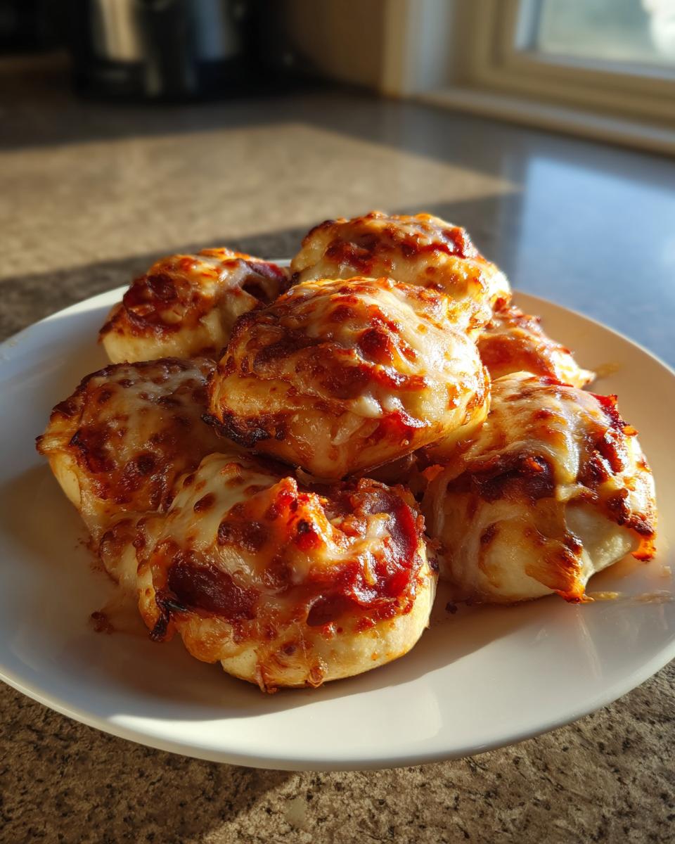 Ein Teller mit frisch gebackenen, goldbraunen Pizzabrötchen, bedeckt mit geschmolzenem Käse und Tomatensauce.