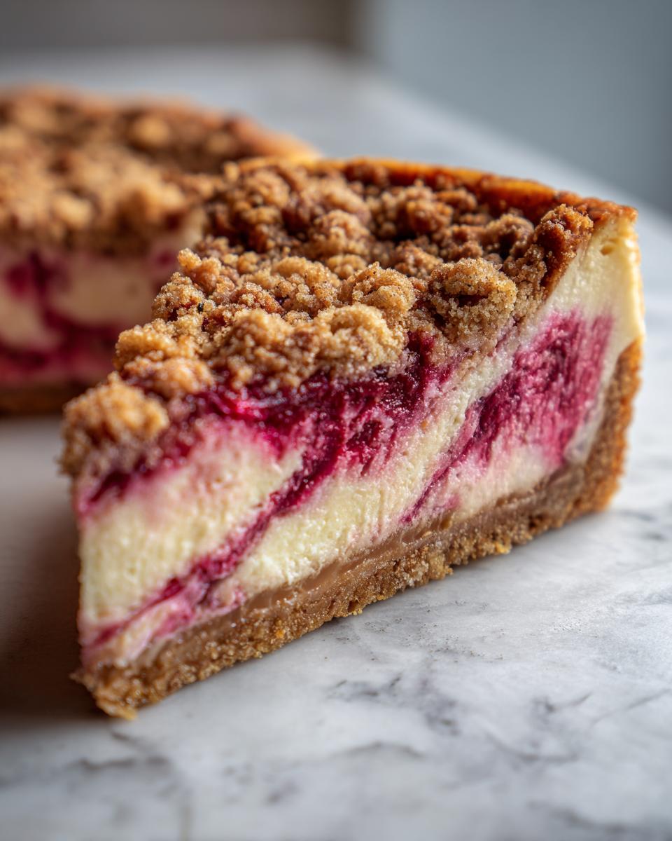 Nahaufnahme eines Kuchenschnitts vom Rhabarber-Cheesecake mit cremiger Füllung und knusprigen Streuseln.