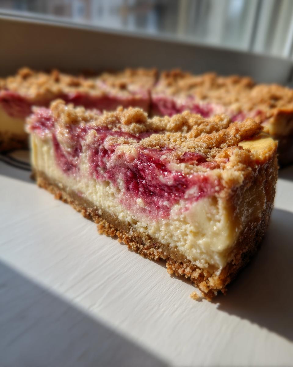 Nahaufnahme eines cremigen Stücks Rhabarber-Cheesecake mit einem knusprigen Keksboden und Streuseln.