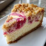 Nahaufnahme eines Stücks Rhabarber-Cheesecake mit cremiger Füllung und knusprigen Streuseln.