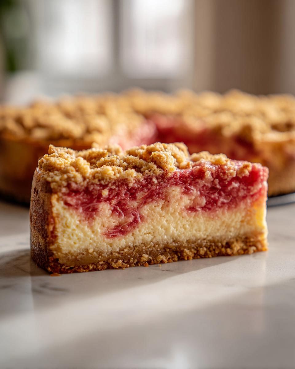 Nahaufnahme eines Stücks Rhabarber-Cheesecake mit knusprigen Streuseln und cremiger Füllung.