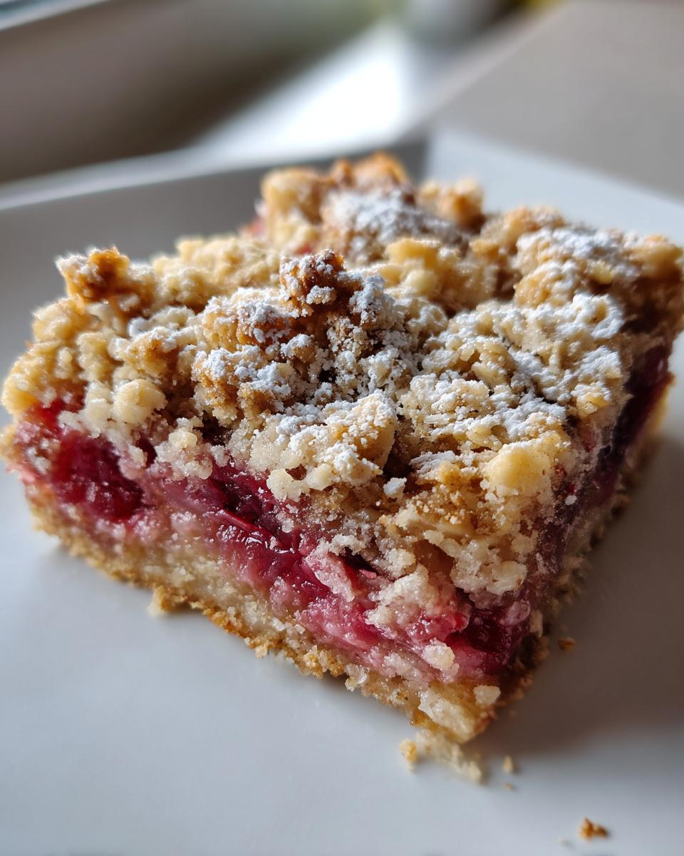 Nahaufnahme eines Stücks Rhabarber-Crumble mit knuspriger Streuseldecke und Puderzucker.