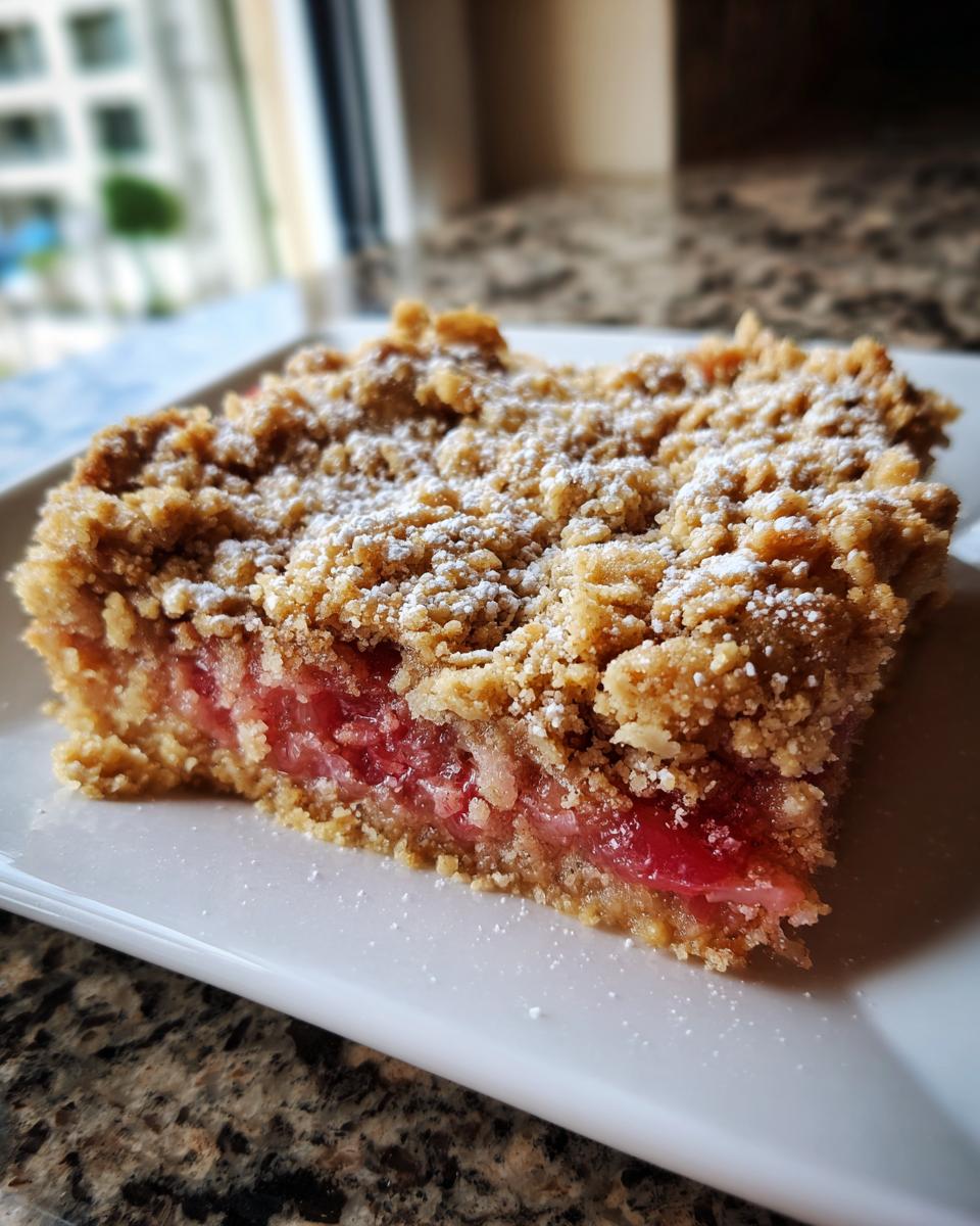 Nahaufnahme eines Stücks Rhabarber-Crumble mit knuspriger Streuseldecke und Puderzucker.