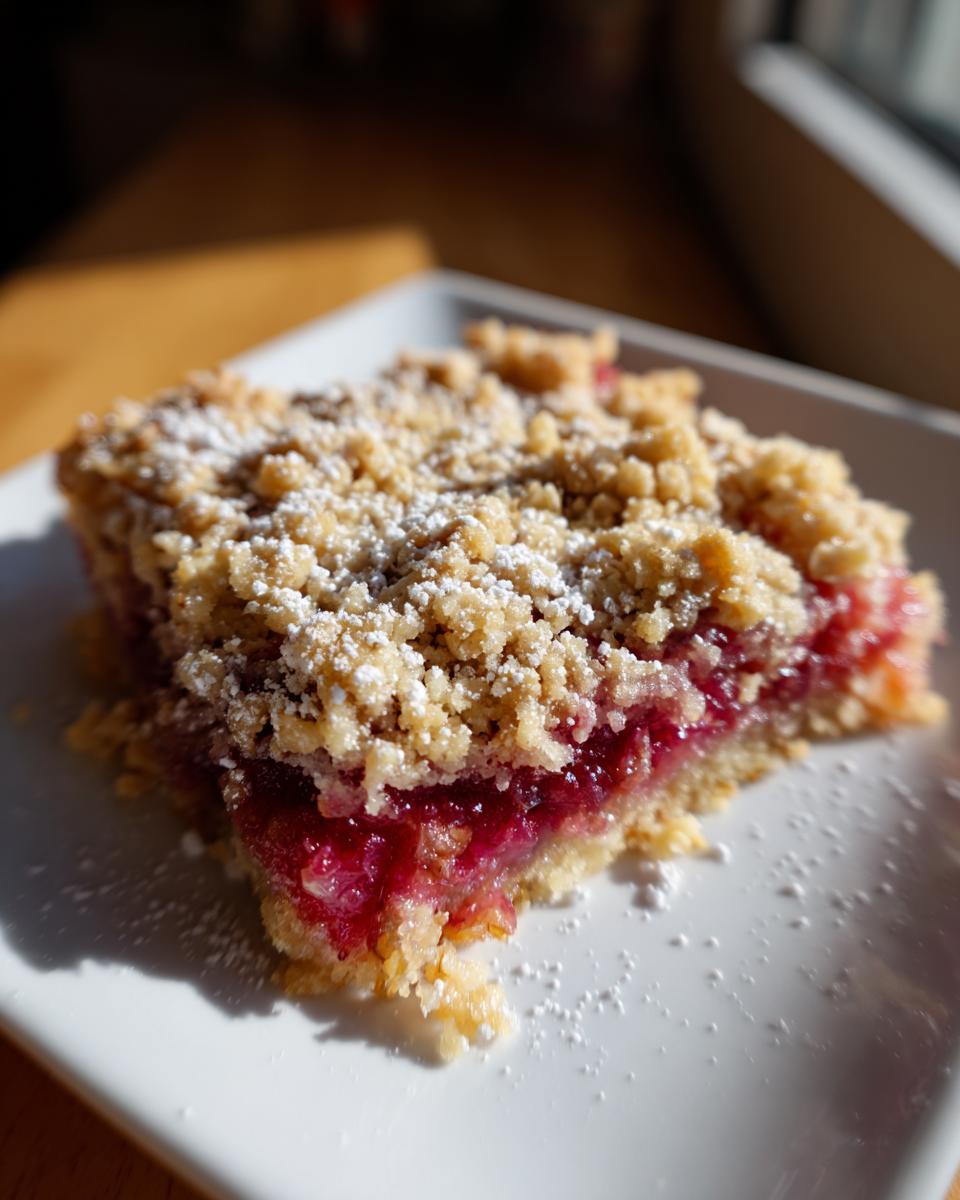 Ein Stück saftiger Rhabarber-Crumble mit knuspriger Streuseldecke, bestäubt mit Puderzucker.