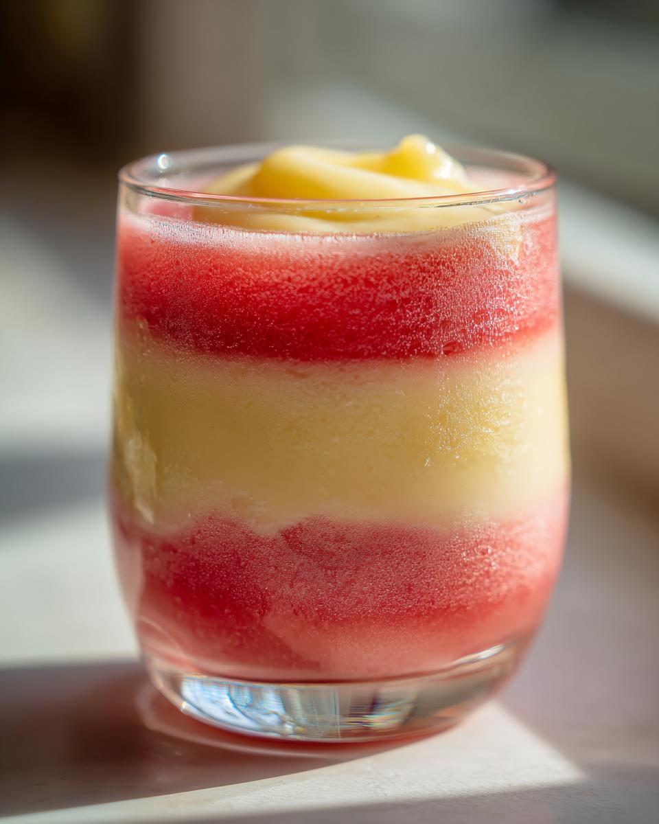 Geschichtetes Rhabarber Dessert mit Bananensahne als gefrorenes Schichtdessert im Glas.