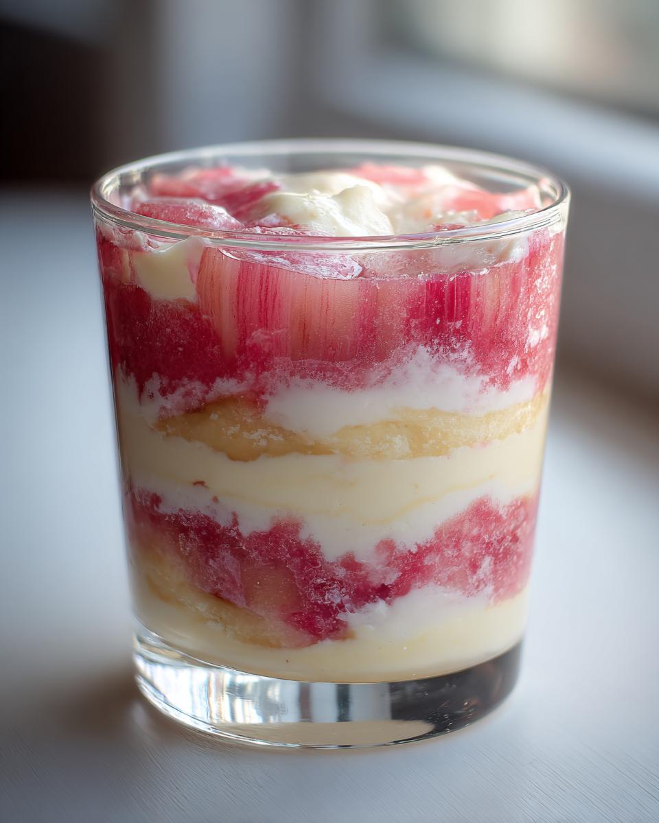 Nahaufnahme eines geschichteten Rhabarber Dessert mit Bananensahne in einem Glas.