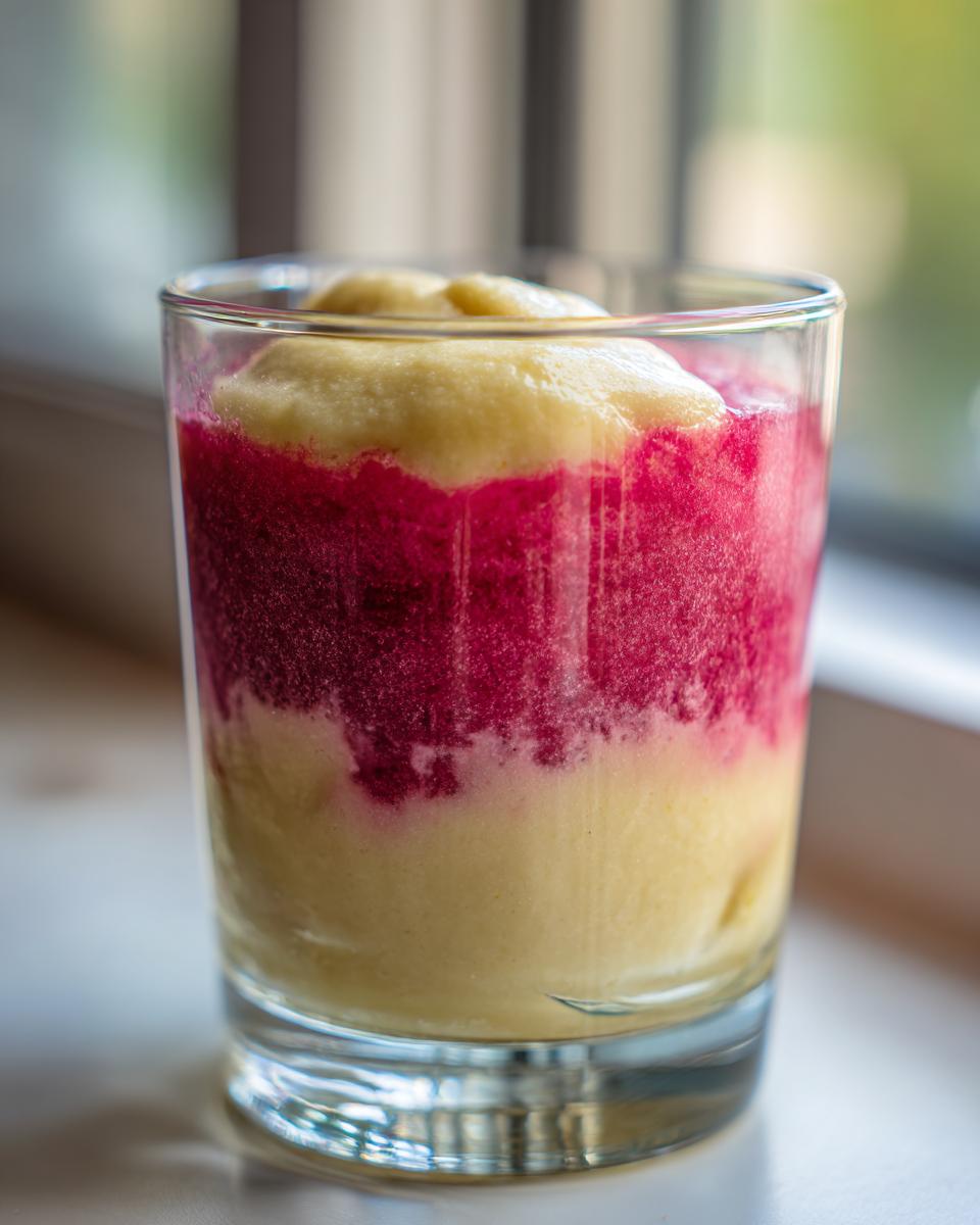 Nahaufnahme eines geschichteten Rhabarber Dessert mit Bananensahne in einem Glas.