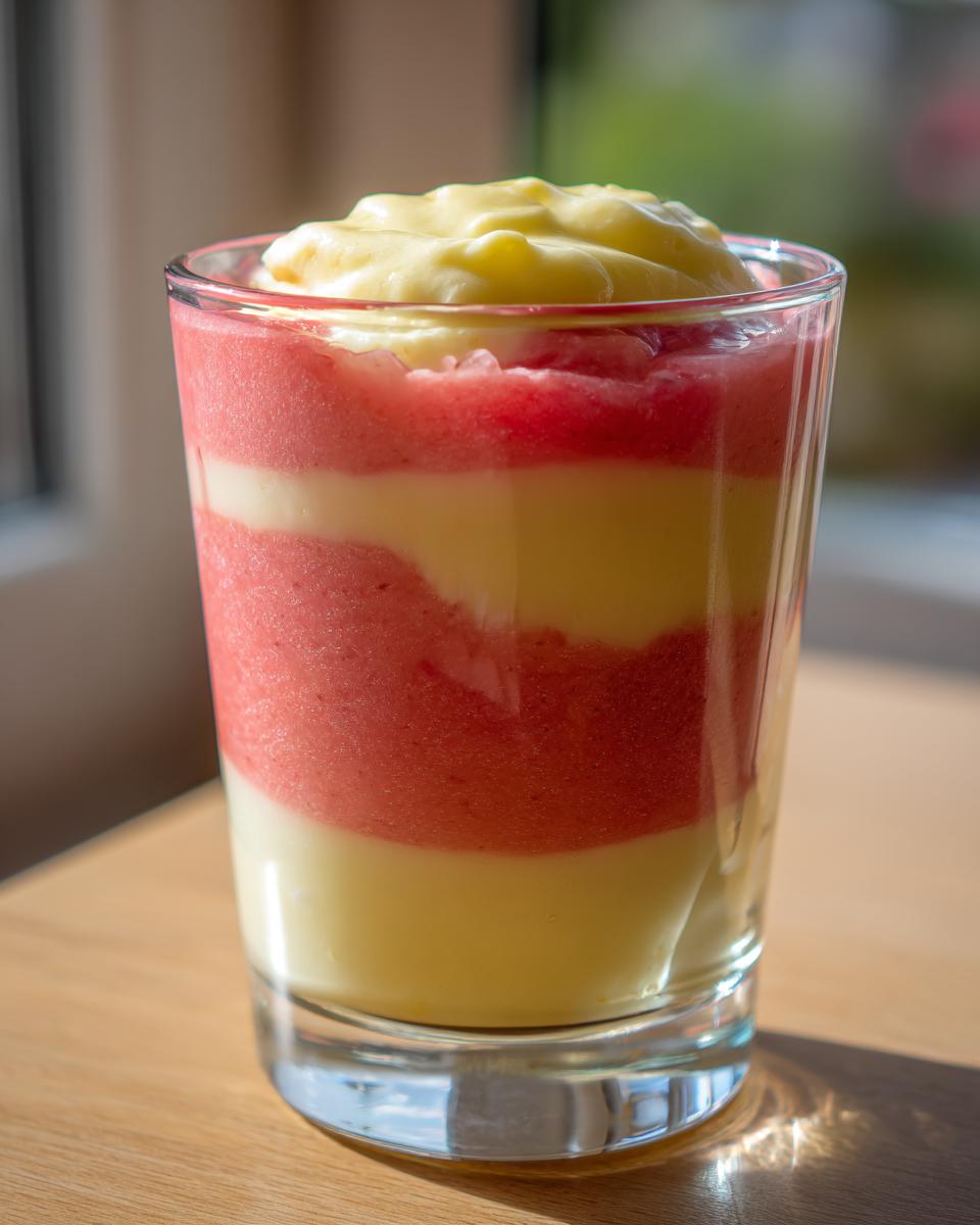 Geschichtetes Rhabarber Dessert mit Bananensahne in einem Glas, leuchtend rot und gelb.