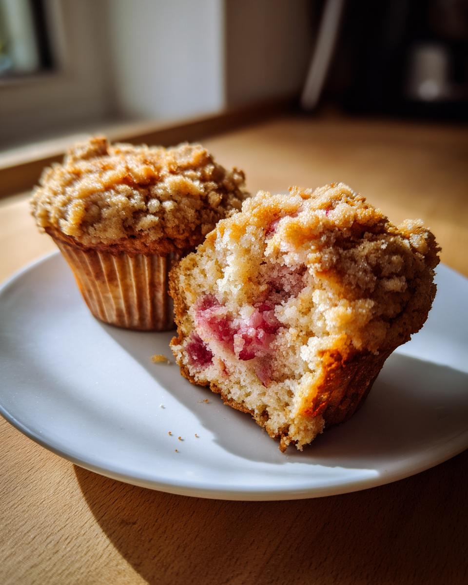 Zwei Rhabarber-Muffins auf einem Teller, einer davon aufgeschnitten, um die saftige Füllung zu zeigen.