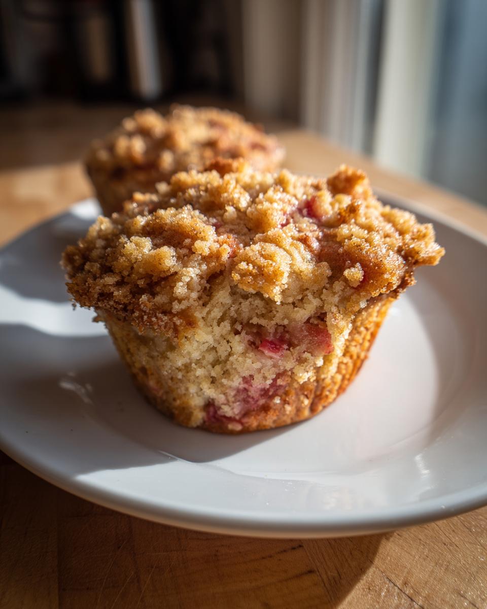 Nahaufnahme eines angeschnittenen Rhabarber-Muffins mit knusprigen Streuseln auf einem weißen Teller.