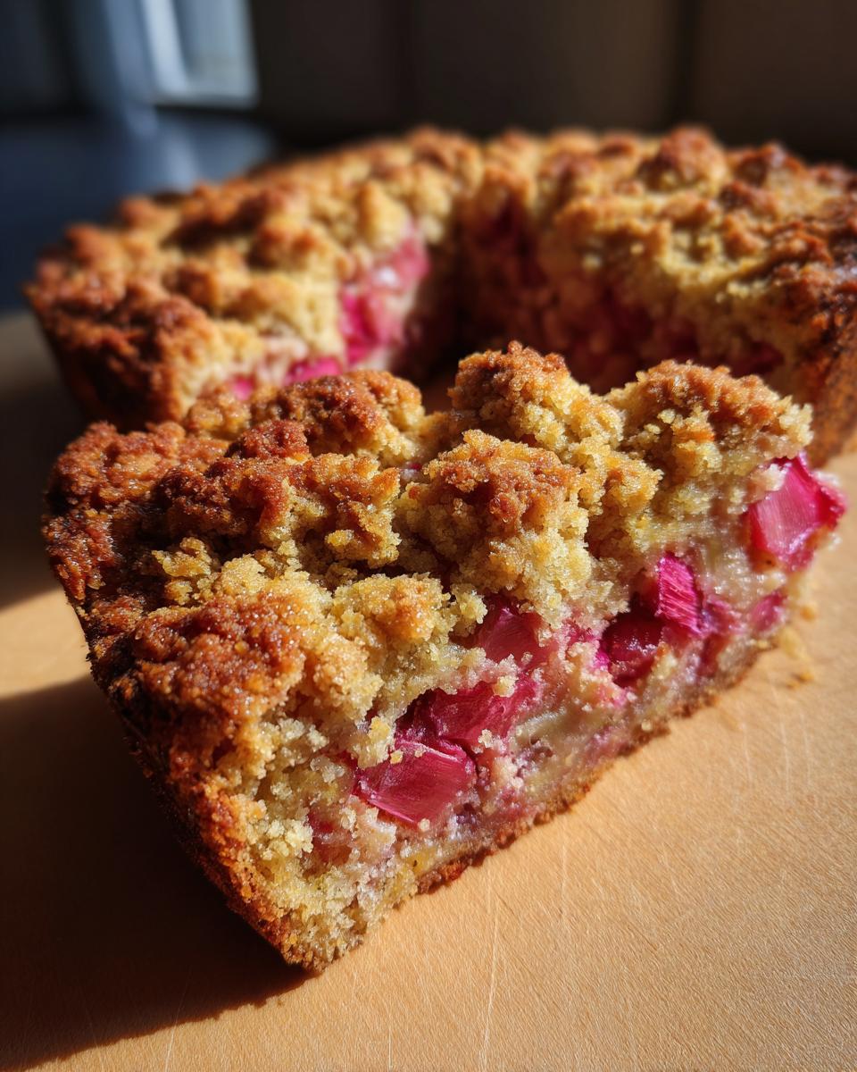 Ein Stück Rhabarberkuchen mit Streusel liegt auf einem Holzbrett, der Rhabarber ist leuchtend rot.