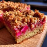 Nahaufnahme eines saftigen Stücks Rhabarberkuchen mit Streusel auf einem Holzbrett.