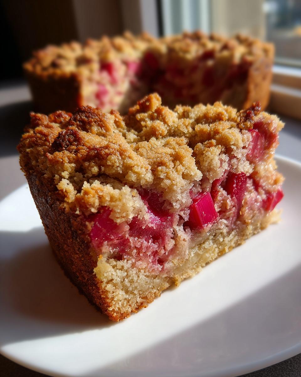 Ein saftiges Stück Rhabarberkuchen mit Streusel auf einem weißen Teller, das hell vom Sonnenlicht beleuchtet wird.