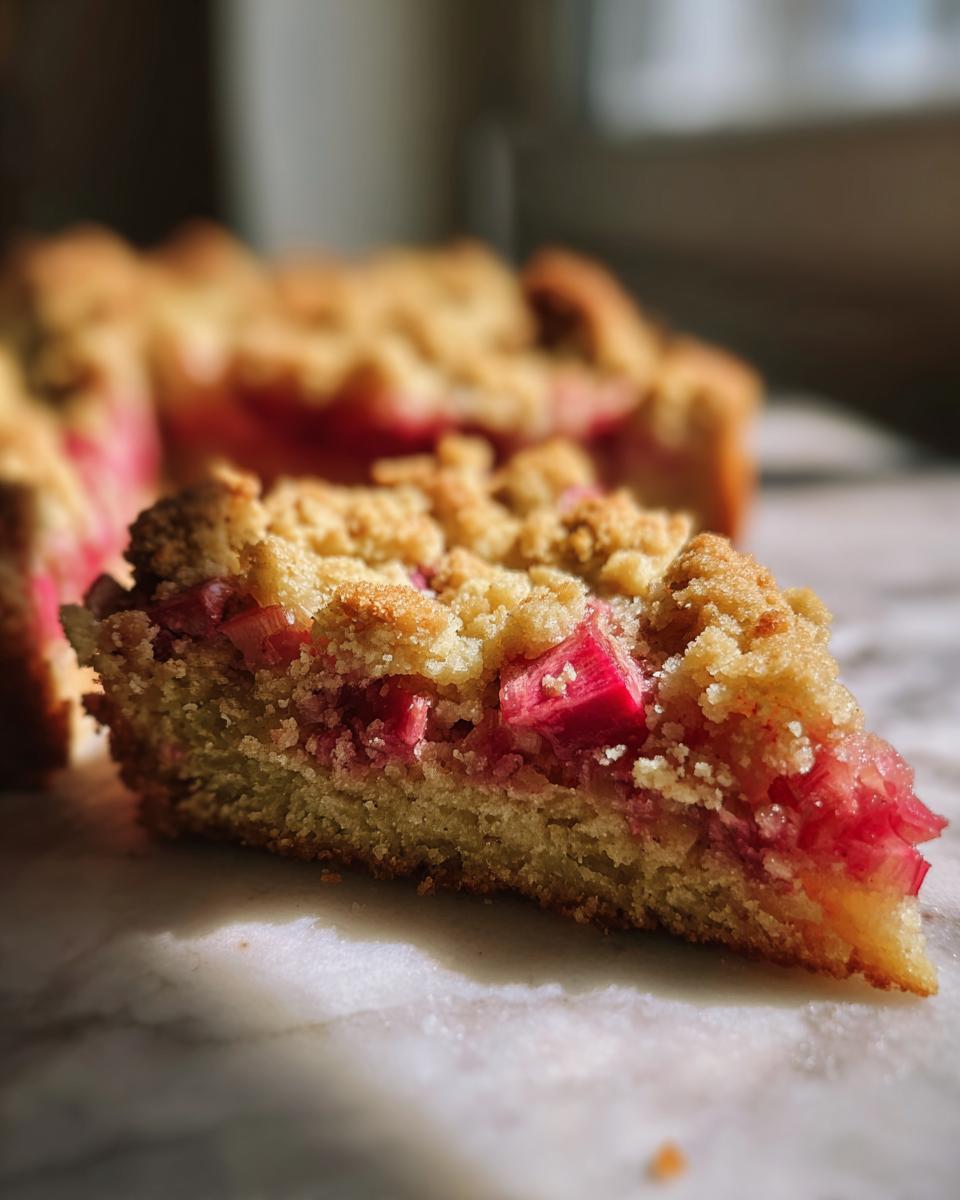 Nahaufnahme eines Stücks Rhabarberkuchen mit Streusel auf Marmor, mit saftigen Rhabarberstücken.