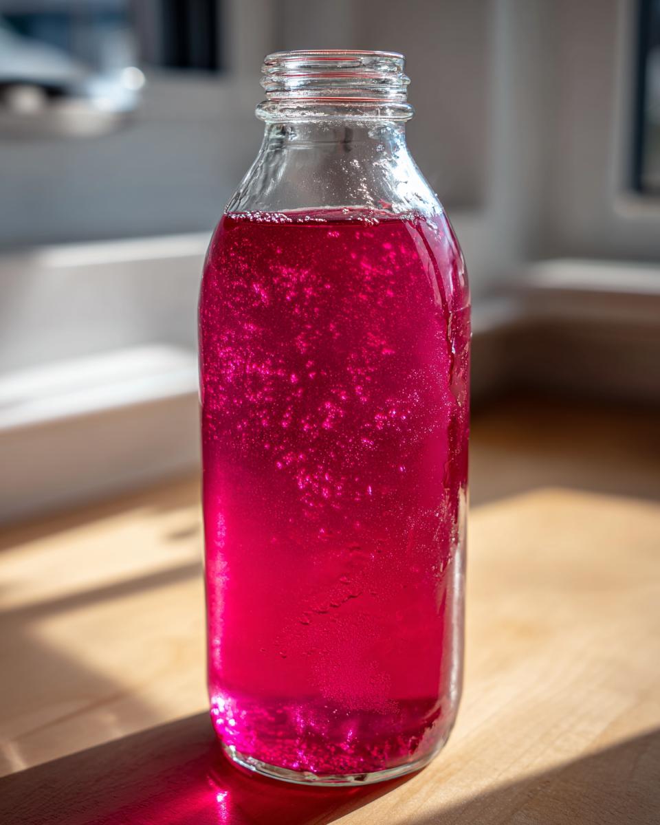 Nahaufnahme einer Glasflasche gefüllt mit leuchtend pinkem Rhabarbersirup, der leichte Kohlensäurebläschen zeigt.