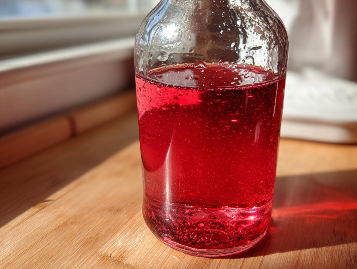 Nahaufnahme von selbstgemachtem, leuchtend rotem Rhabarbersirup in einer Glasflasche auf einem Holzbrett.